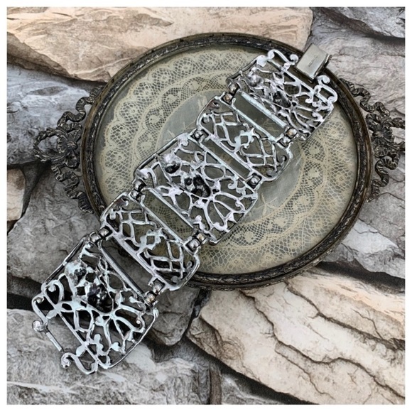 Vintage Selro Selini Signed Jester Clown Silver Plated Wide Panel Link Bracelet - Picture 9 of 10